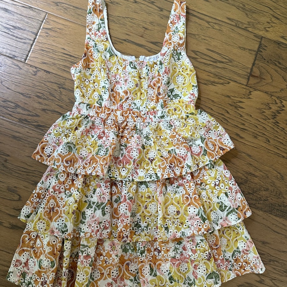 Tiered Floral Eyelet Casual Dress in Yellow, Pink & Green